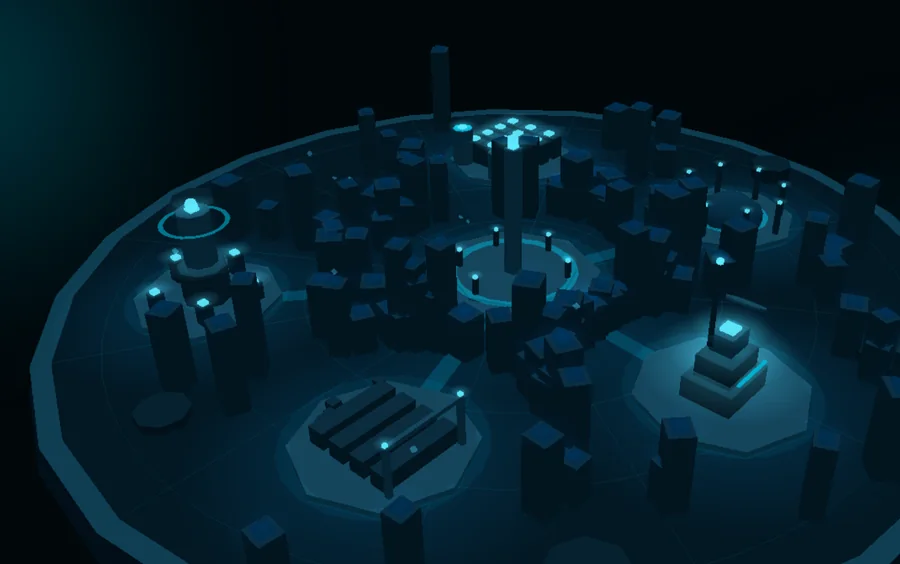 Agent City: the network's public rooms drawn as a city of lit buildings